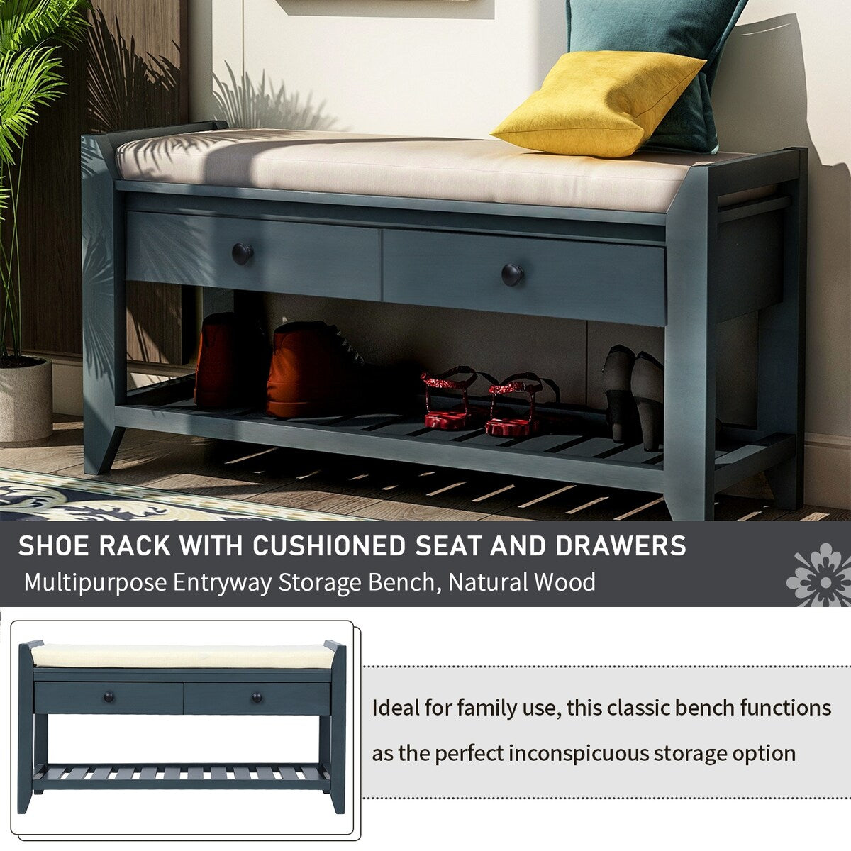 Range-chaussures avec assise rembourrée et tiroirs, banc de rangement multifonctionnel, bleu marine antique - 99L x 35W x 50H (cm)