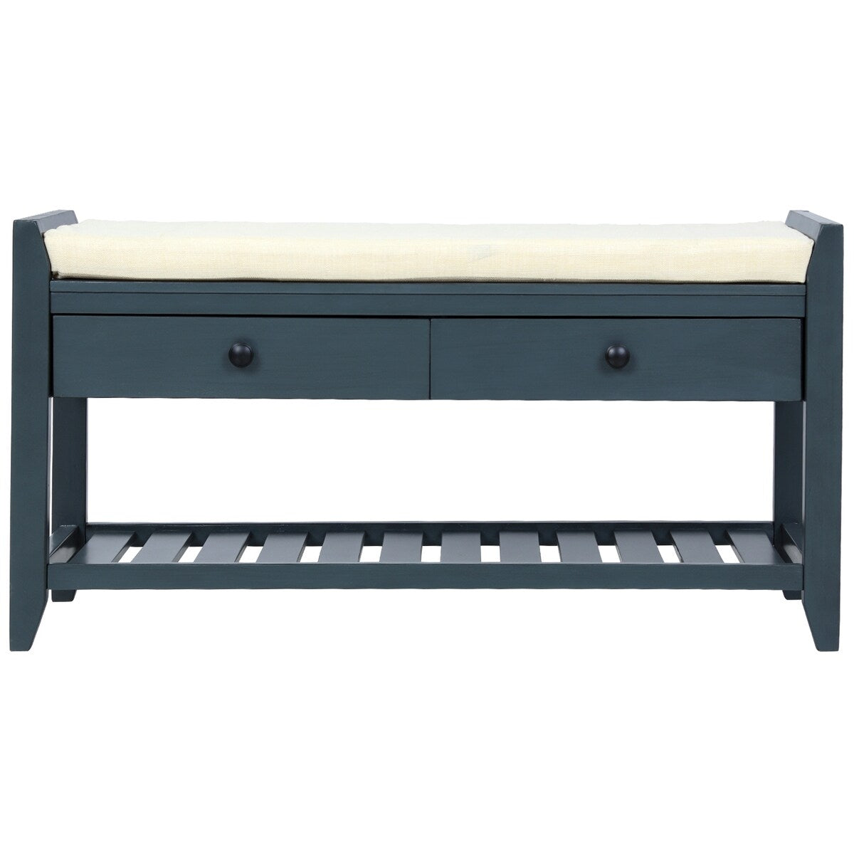 Range-chaussures avec assise rembourrée et tiroirs, banc de rangement multifonctionnel, bleu marine antique - 99L x 35W x 50H (cm)