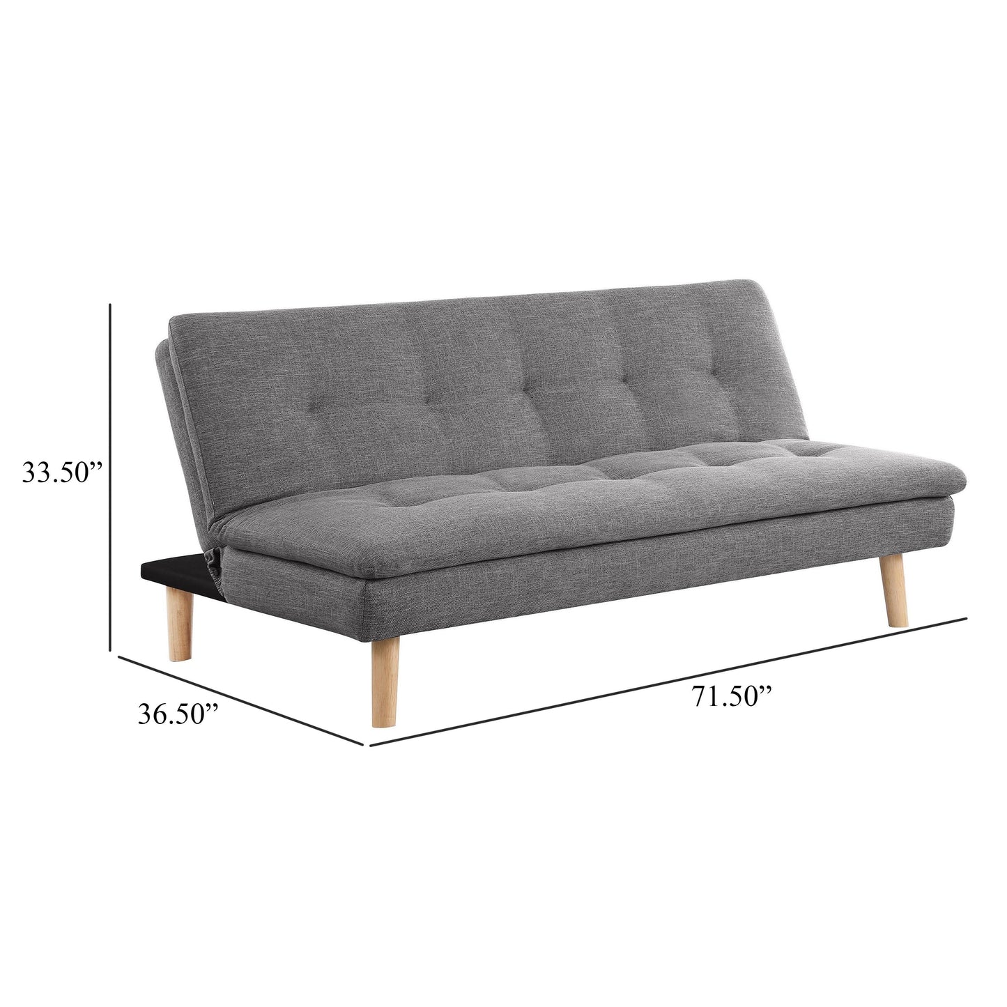 Canapé-lit convertible Siana, tissu gris capitonné, bois brun, 72 pouces