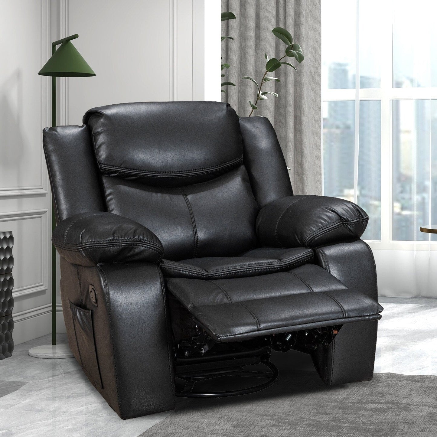 Fauteuil inclinable à large assise en cuir durable avec massage et chauffage.