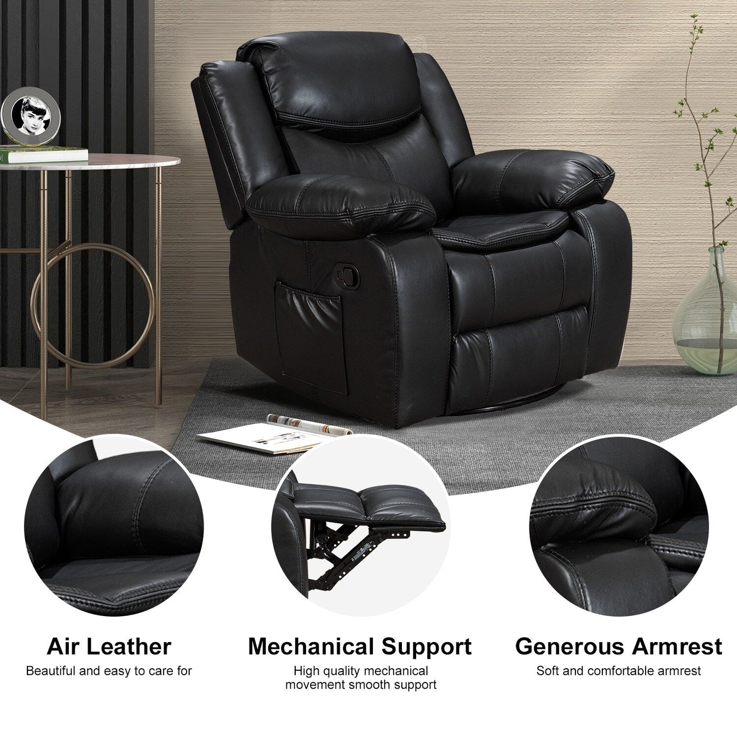 Fauteuil inclinable à large assise en cuir durable avec massage et chauffage.