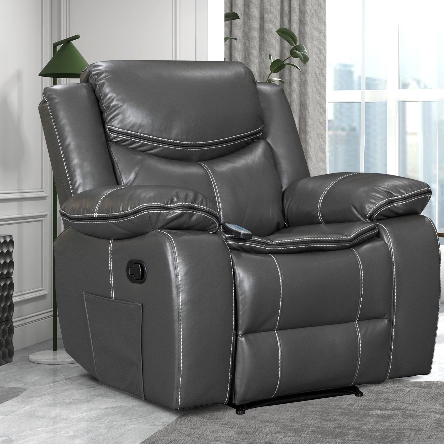 Fauteuil inclinable à large assise en cuir durable avec massage et chauffage.
