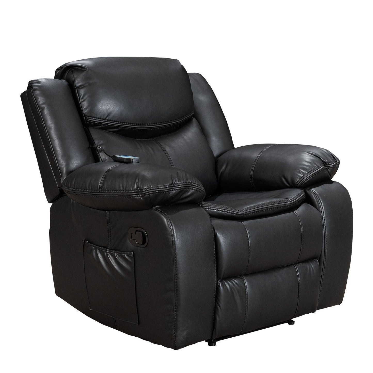 Fauteuil inclinable à large assise en cuir durable avec massage et chauffage.