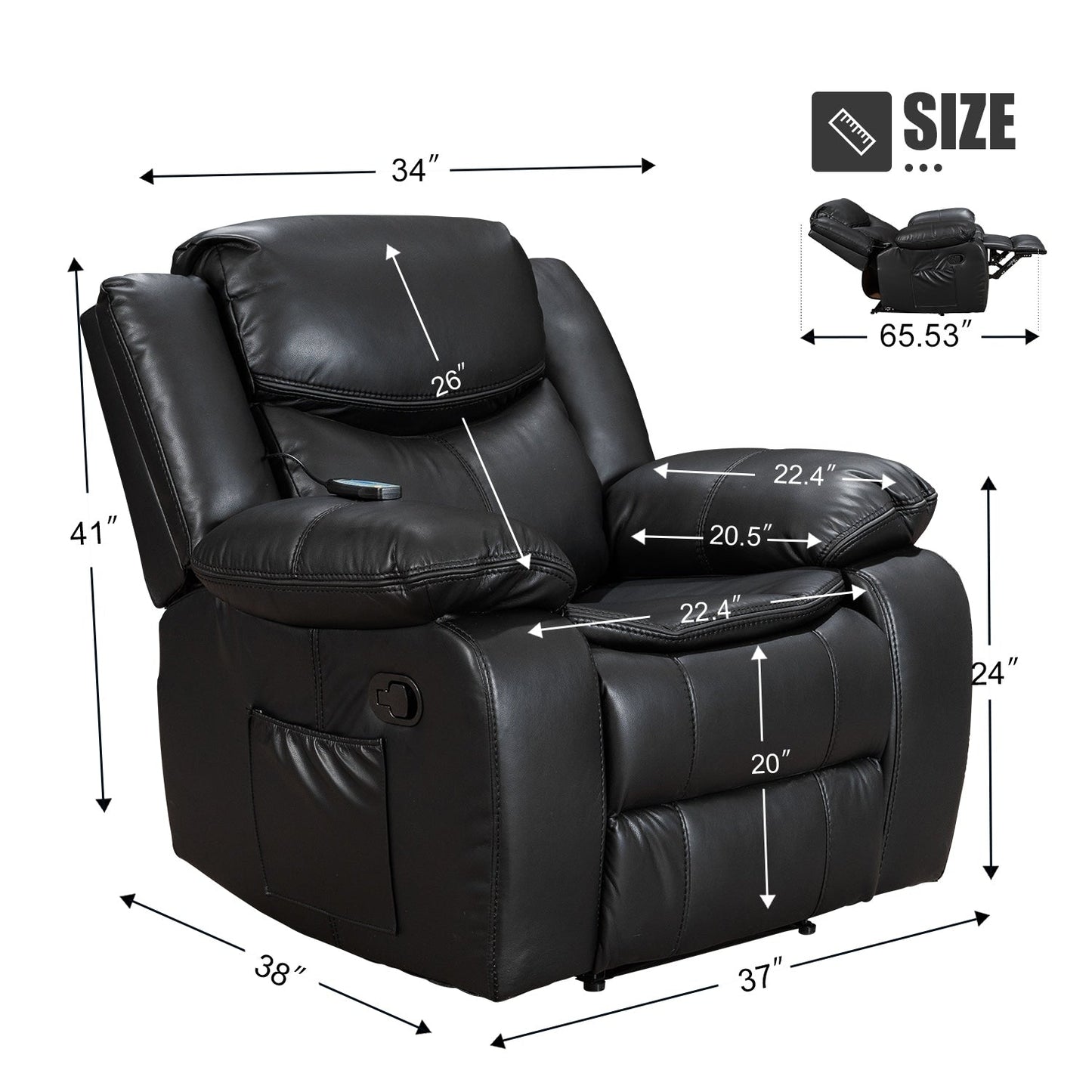 Fauteuil inclinable à large assise en cuir durable avec massage et chauffage.