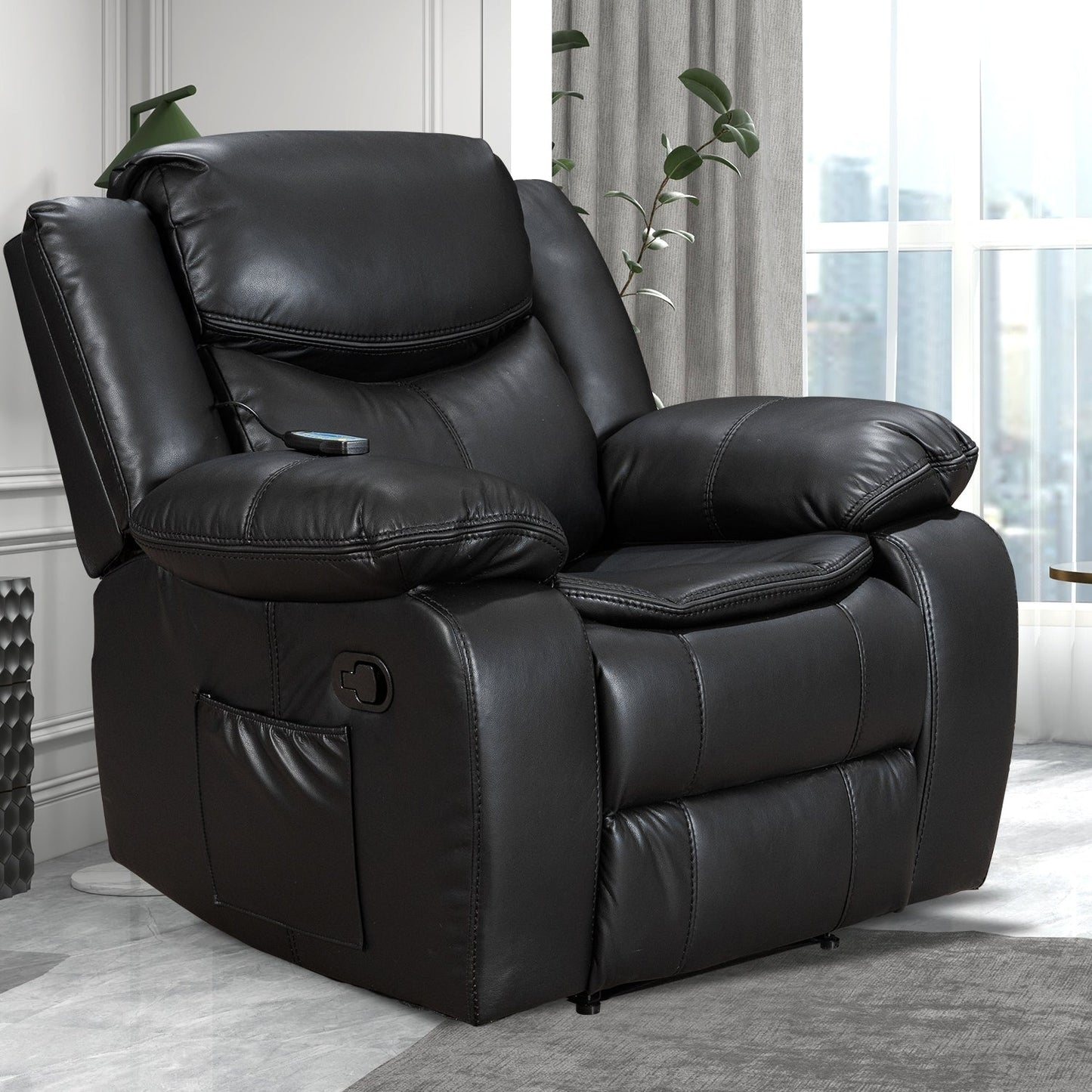 Fauteuil inclinable à large assise en cuir durable avec massage et chauffage.