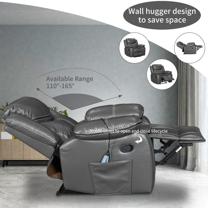 Fauteuil inclinable à large assise en cuir durable avec massage et chauffage.