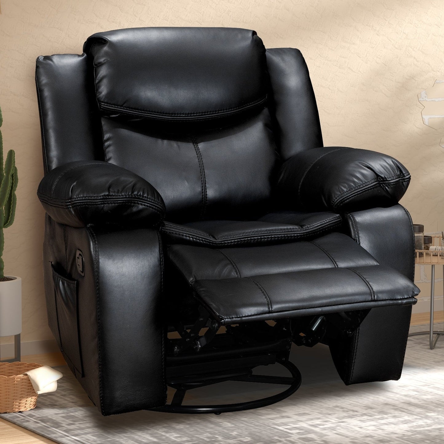 Fauteuil inclinable à large assise en cuir durable avec massage et chauffage.