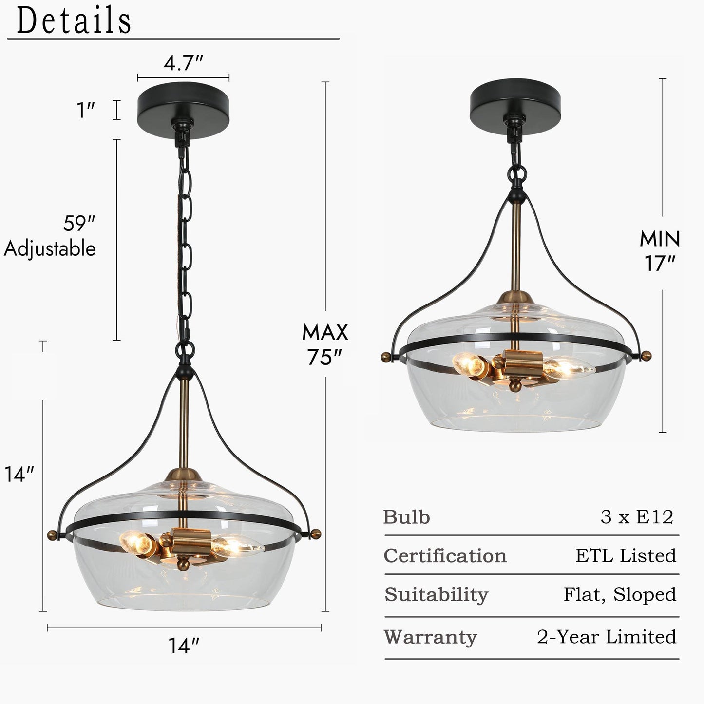 Luminaire suspendu en verre Zelena, style ferme moderne, noir et doré, à 3 lumières, pour îlot de cuisine et salle à manger