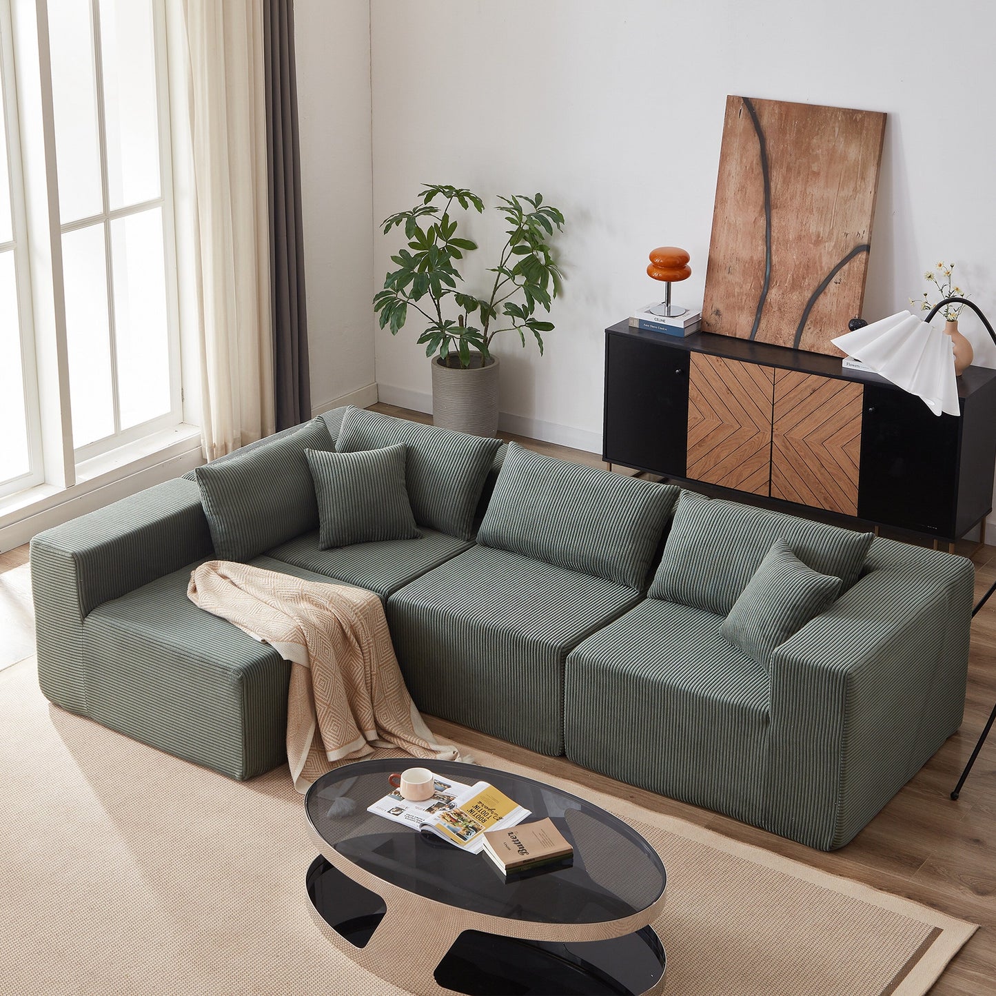 Canapé d'angle modulaire en cordouroy de 264 cm, ensemble de canapé de sol, canapé compressé rempli de mousse, combinaison gratuite de 4 pièces