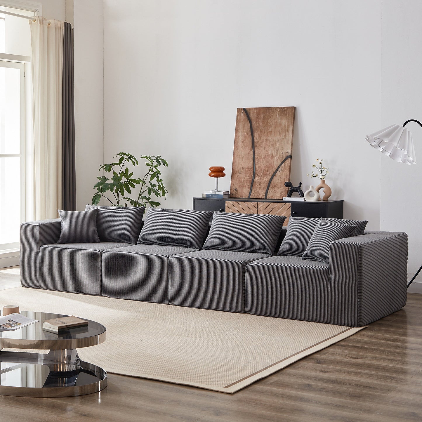 Canapé d'angle modulaire en cordouroy de 264 cm, ensemble de canapé de sol, canapé compressé rempli de mousse, combinaison gratuite de 4 pièces