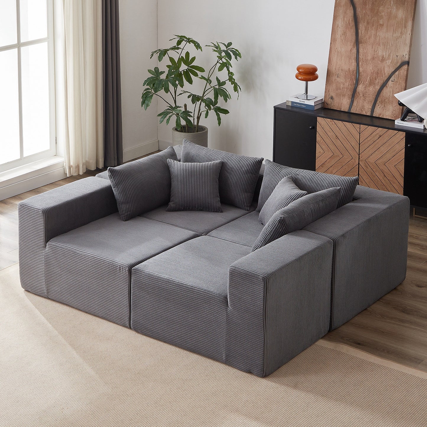 Canapé d'angle modulaire en cordouroy de 264 cm, ensemble de canapé de sol, canapé compressé rempli de mousse, combinaison gratuite de 4 pièces