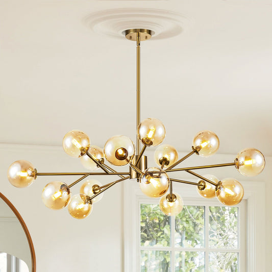 Luminaire à 15 lumières, style moderne, en forme de sputnik, pour îlot de cuisine, avec branches et globes de verre en forme de bulles.