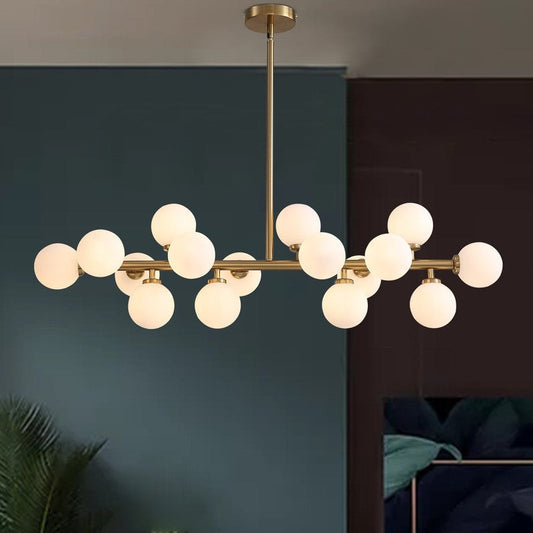 Luminaire suspendu linéaire à 16 lumières, style moderne du milieu du siècle, en laiton doré, avec globe en verre dépoli, 40 po, pour salle à manger.