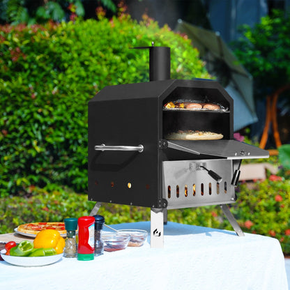 Four à pizza extérieur à 2 niveaux, cuiseur à pizza au bois, barbecue à pizza extérieur pour le camping - 16 pouces