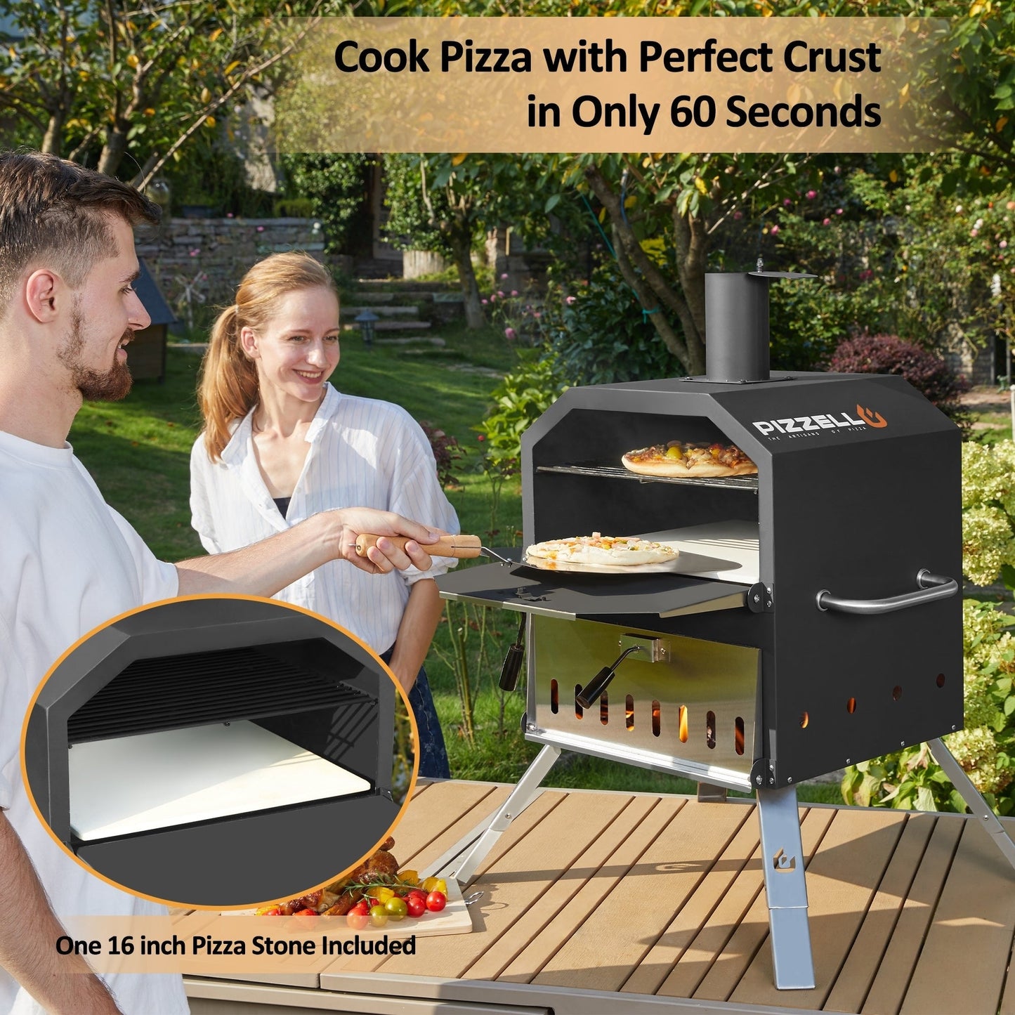 Four à pizza extérieur à 2 niveaux, cuiseur à pizza au bois, barbecue à pizza extérieur pour le camping - 16 pouces