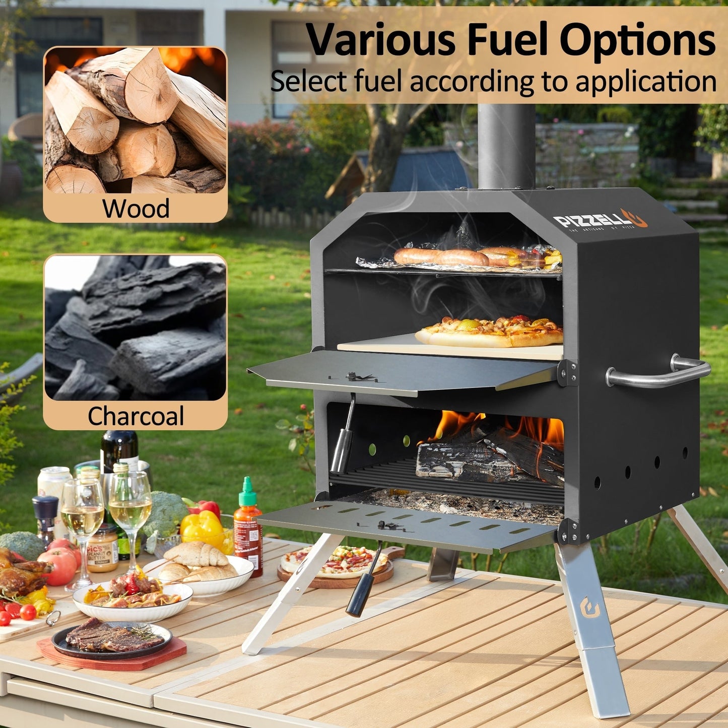 Four à pizza extérieur à 2 niveaux, cuiseur à pizza au bois, barbecue à pizza extérieur pour le camping - 16 pouces