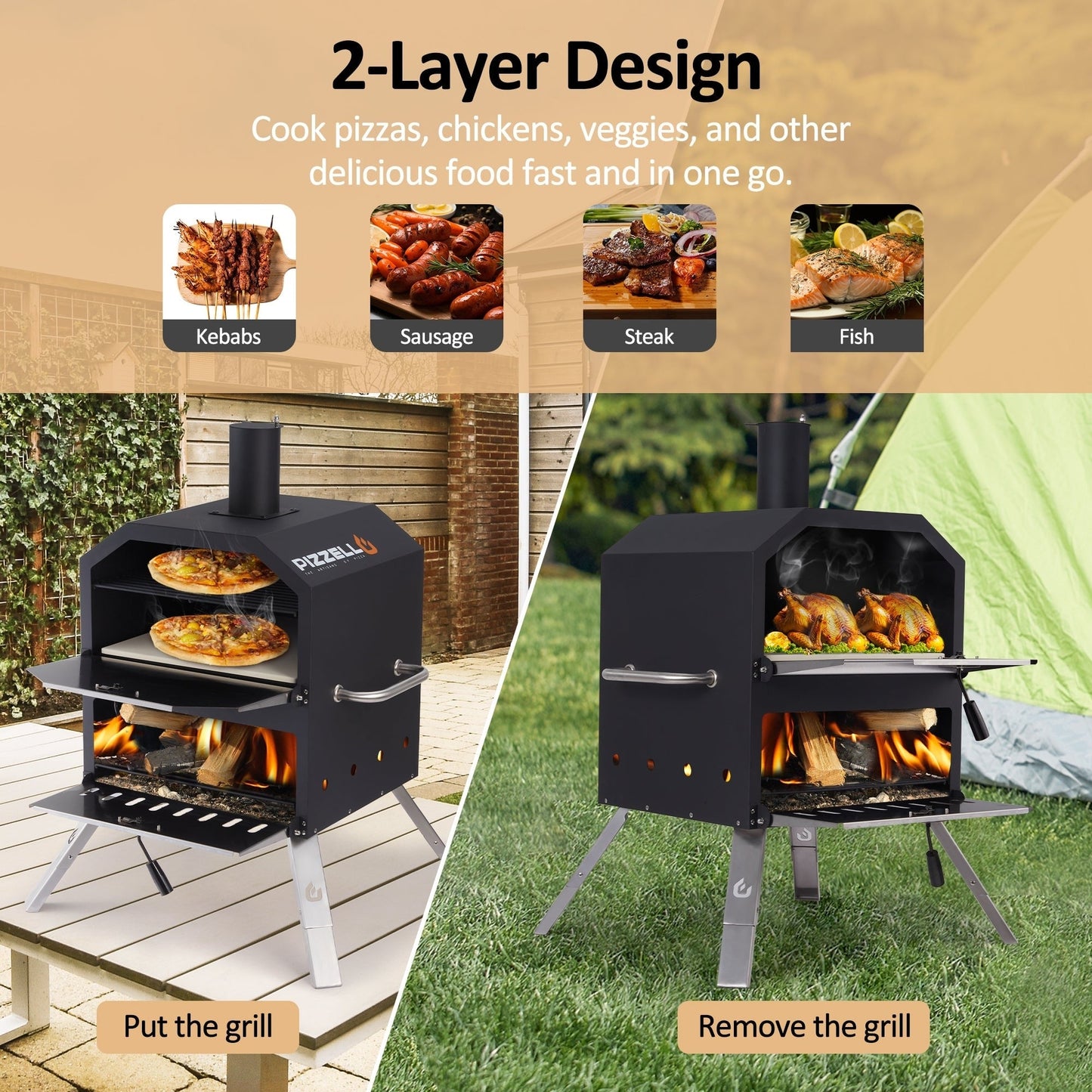 Four à pizza extérieur à 2 niveaux, cuiseur à pizza au bois, barbecue à pizza extérieur pour le camping - 16 pouces