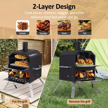 Four à pizza extérieur à 2 niveaux, cuiseur à pizza au bois, barbecue à pizza extérieur pour le camping - 16 pouces