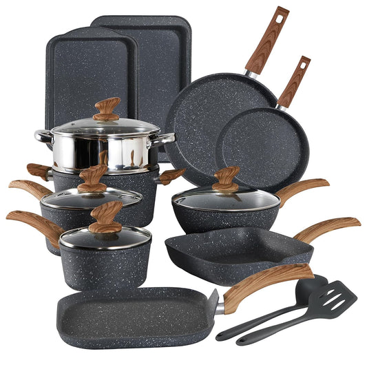 Ensemble de 17 pièces de cuisine en granit, ensemble de casseroles et de poêles antiadhésives.