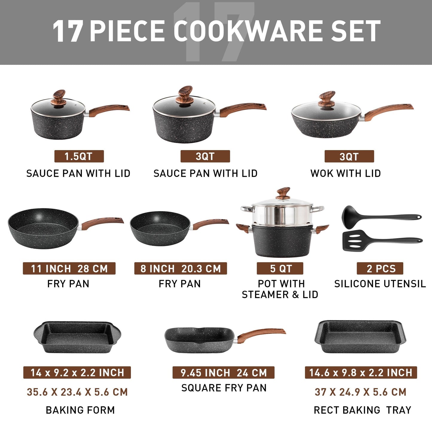 Ensemble de 17 pièces de cuisine en granit, ensemble de casseroles et de poêles antiadhésives.