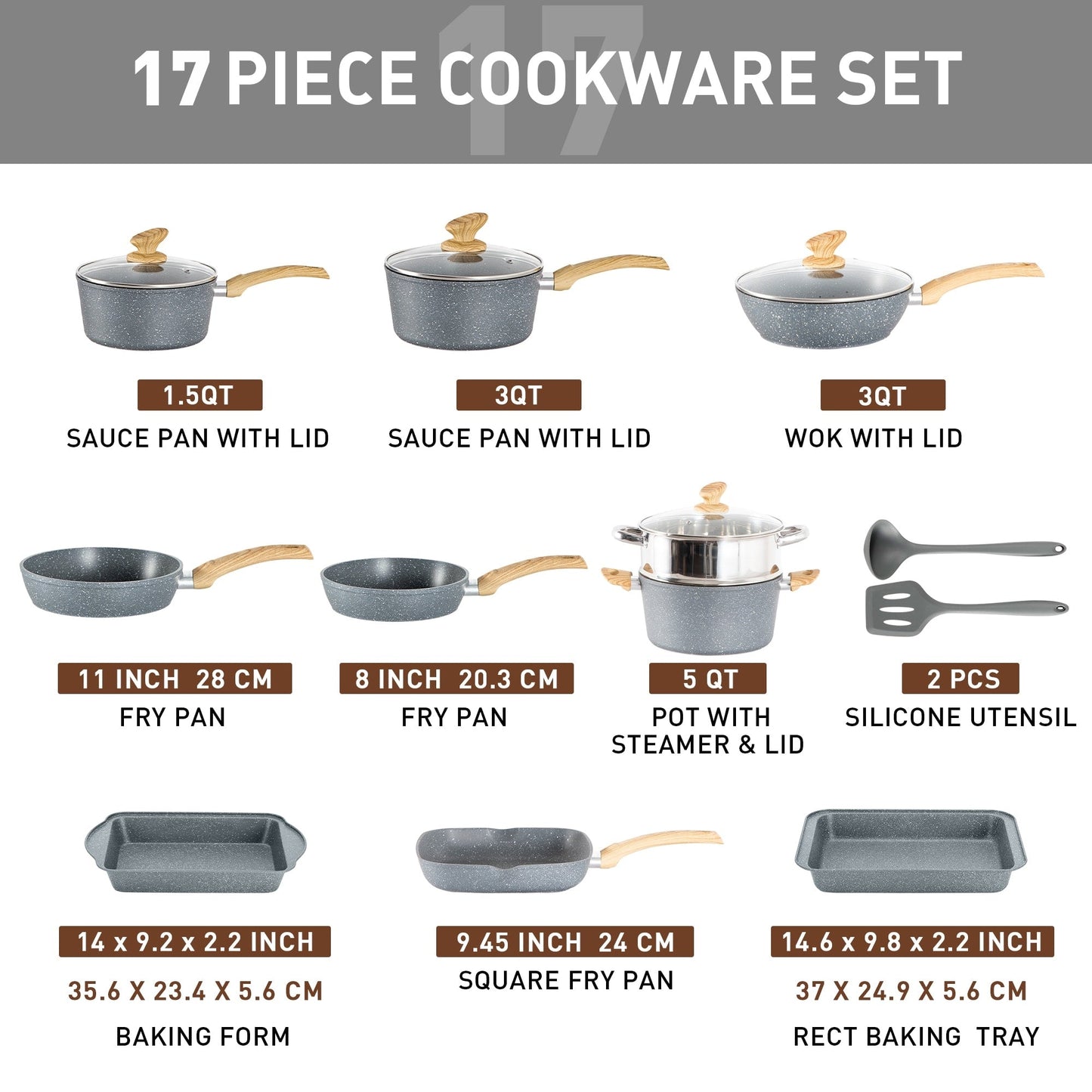 Ensemble de 17 pièces de cuisine en granit, ensemble de casseroles et de poêles antiadhésives.