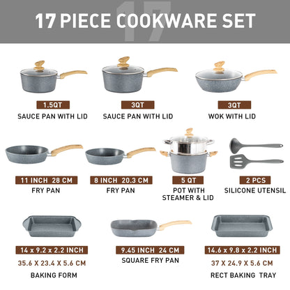 Ensemble de 17 pièces de cuisine en granit, ensemble de casseroles et de poêles antiadhésives.