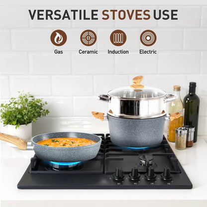 Ensemble de 17 pièces de cuisine en granit, ensemble de casseroles et de poêles antiadhésives.