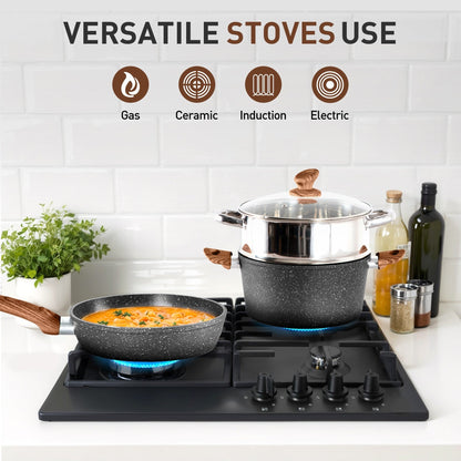 Ensemble de 17 pièces de cuisine en granit, ensemble de casseroles et de poêles antiadhésives.