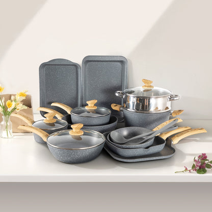 Ensemble de 17 pièces de cuisine en granit, ensemble de casseroles et de poêles antiadhésives.
