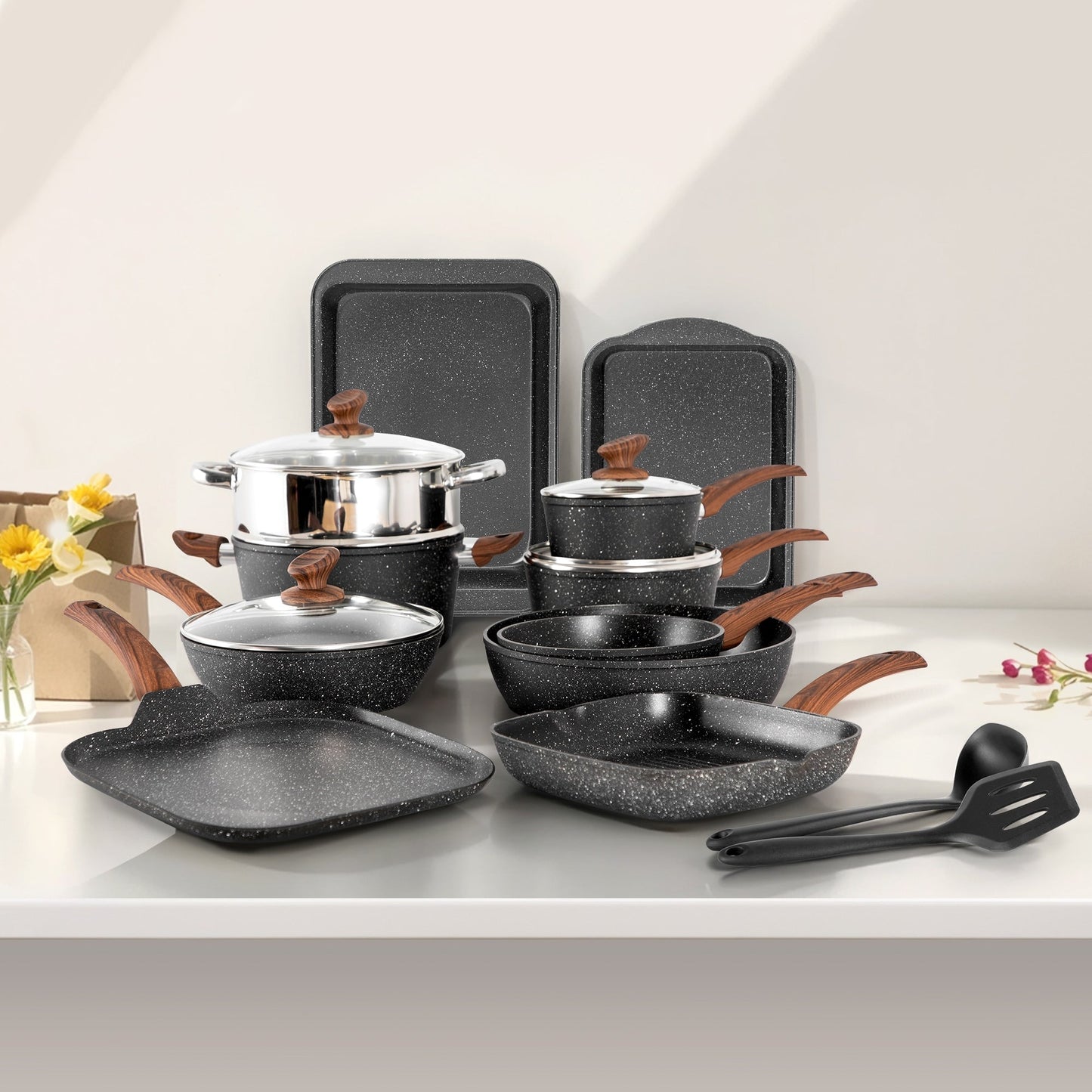 Ensemble de 17 pièces de cuisine en granit, ensemble de casseroles et de poêles antiadhésives.