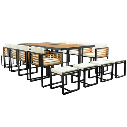 Ensemble de repas de patio en bois d'acacia de 18 pièces, comprenant 8 chaises avec coussins, 8 poufs et 2 tables carrées.