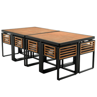 Ensemble de repas de patio en bois d'acacia de 18 pièces, comprenant 8 chaises avec coussins, 8 poufs et 2 tables carrées.