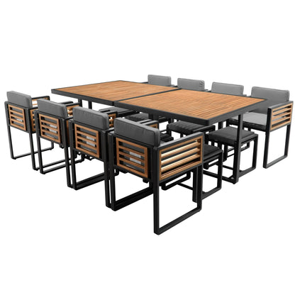 Ensemble de repas de patio en bois d'acacia de 18 pièces, comprenant 8 chaises avec coussins, 8 poufs et 2 tables carrées.
