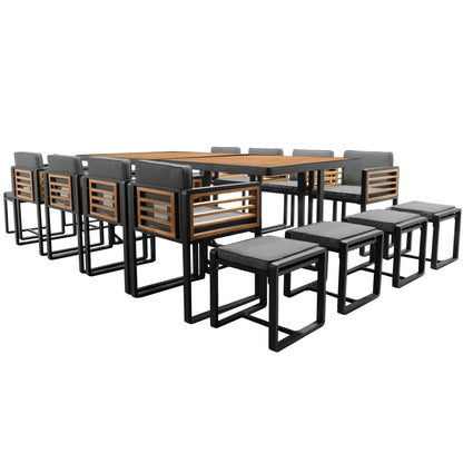 Ensemble de repas de patio en bois d'acacia de 18 pièces, comprenant 8 chaises avec coussins, 8 poufs et 2 tables carrées.