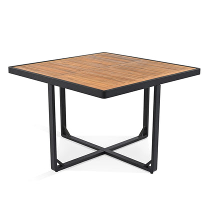 Ensemble de repas de patio en bois d'acacia de 18 pièces, comprenant 8 chaises avec coussins, 8 poufs et 2 tables carrées.
