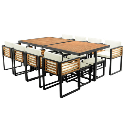 Ensemble de repas de patio en bois d'acacia de 18 pièces, comprenant 8 chaises avec coussins, 8 poufs et 2 tables carrées.