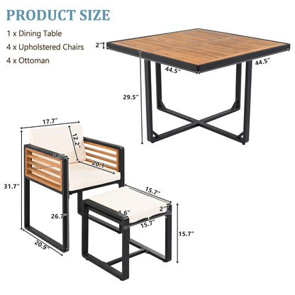 Ensemble de repas de patio en bois d'acacia de 18 pièces, comprenant 8 chaises avec coussins, 8 poufs et 2 tables carrées.