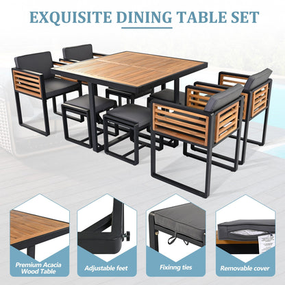 Ensemble de repas de patio en bois d'acacia de 18 pièces, comprenant 8 chaises avec coussins, 8 poufs et 2 tables carrées.