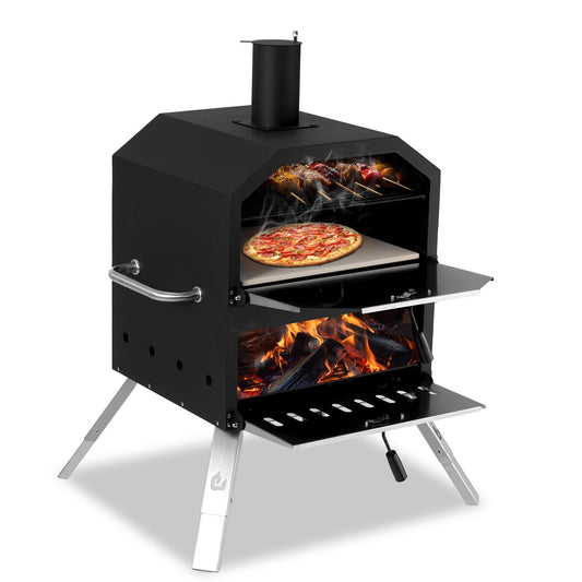 Four à pizza extérieur à 2 niveaux, cuiseur à pizza au bois, barbecue à pizza extérieur pour le camping - 16 pouces