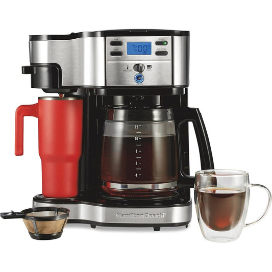 Machine à café 2 en 1, 12 tasses ou portion individuelle, carafe en verre, pause et service automatiques, noir