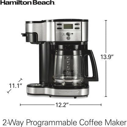 Machine à café 2 en 1, 12 tasses ou portion individuelle, carafe en verre, pause et service automatiques, noir