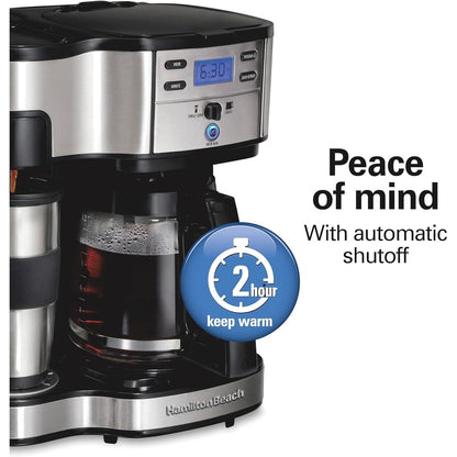 Machine à café 2 en 1, 12 tasses ou portion individuelle, carafe en verre, pause et service automatiques, noir