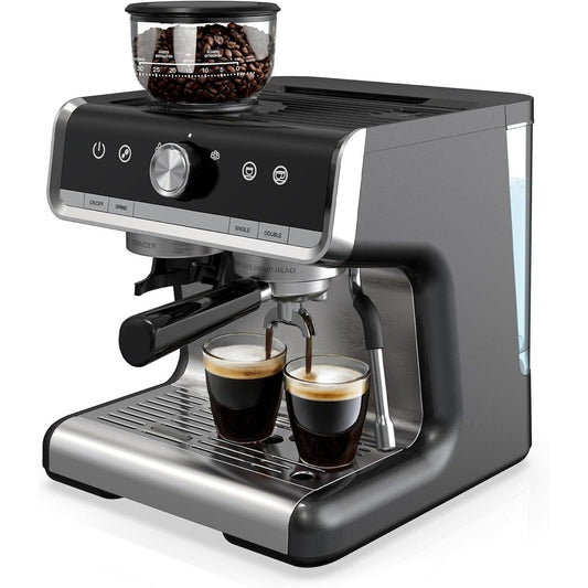 Machine à expresso semi-automatique 20 bars avec broyeur et mousseur de lait intégré.