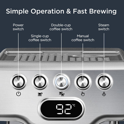 Machine à expresso semi-automatique en acier inoxydable argenté pour 20 tasses avec réservoir d'eau de 0,5 gallon.