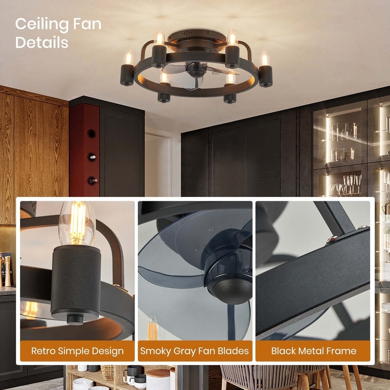 Ventilateur de plafond moderne de style farmhouse de 20 pouces, LED, à profil bas, à montage encastré, avec télécommande pour salon.