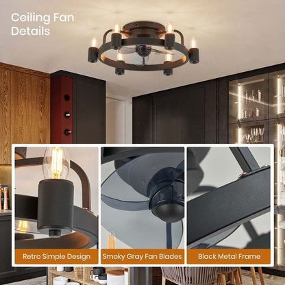 Ventilateur de plafond moderne de style farmhouse de 20 pouces, LED, à profil bas, à montage encastré, avec télécommande pour salon.