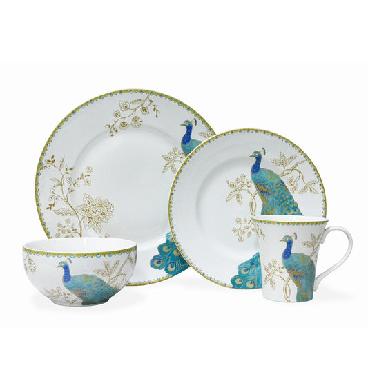 Service de table en porcelaine 222 Fifth Peacock Garden, 16 pièces, avec assiettes rondes, bols et tasses, blanc.