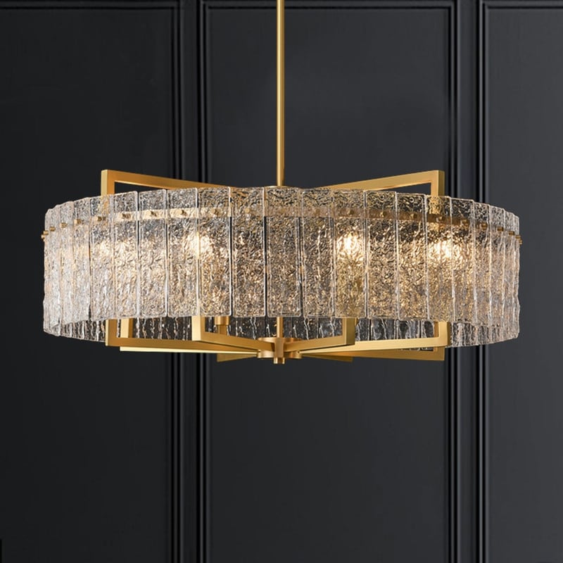 Luminaire suspendu à 6 lumières, style moderne, doré, en forme de tambour, avec cristaux, abat-jour en verre dépoli, pour îlot de cuisine, salle à manger, 66 cm (26 po)