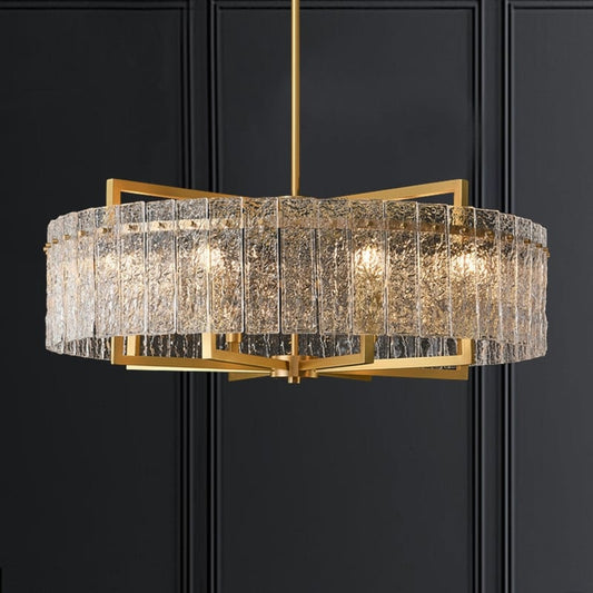 Luminaire suspendu à 6 lumières, style moderne, doré, en forme de tambour, avec cristaux, abat-jour en verre dépoli, pour îlot de cuisine, salle à manger, 66 cm (26 po)