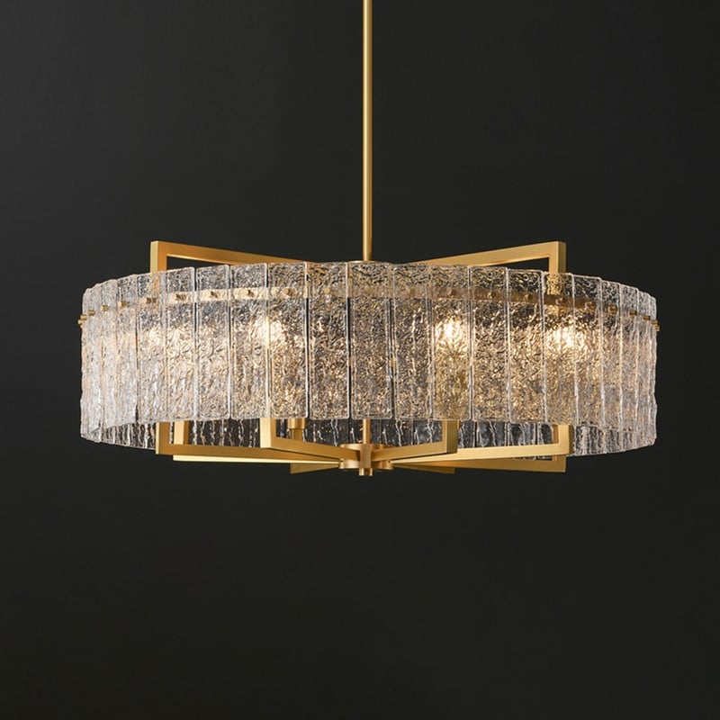 Luminaire suspendu à 6 lumières, style moderne, doré, en forme de tambour, avec cristaux, abat-jour en verre dépoli, pour îlot de cuisine, salle à manger, 66 cm (26 po)